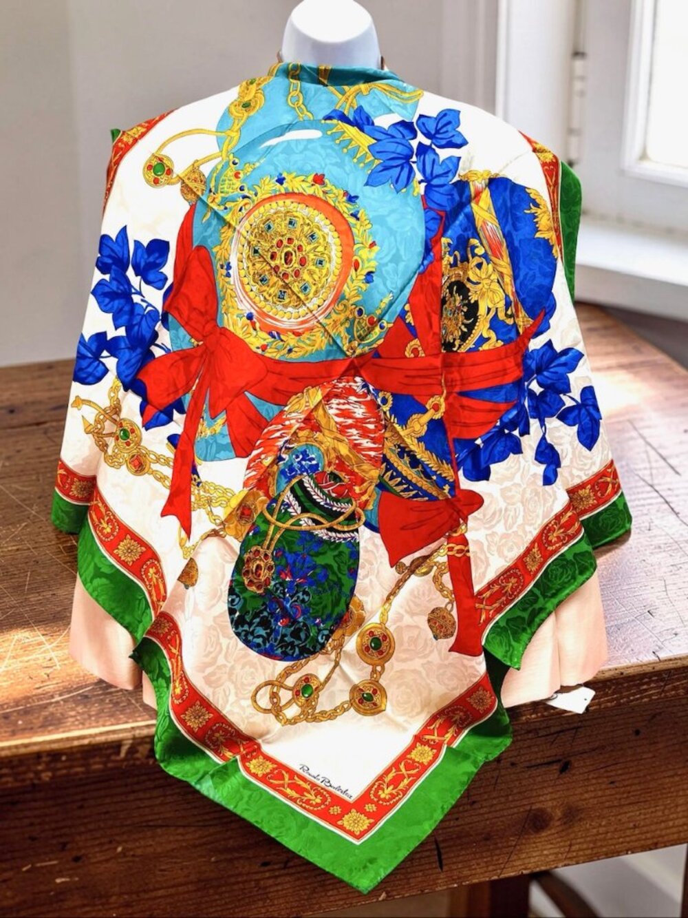 New W/Box Italy Made Renato Balestra 100% Silk Scarf 34" Green Ivery Red (66) - Picture 3 of 15